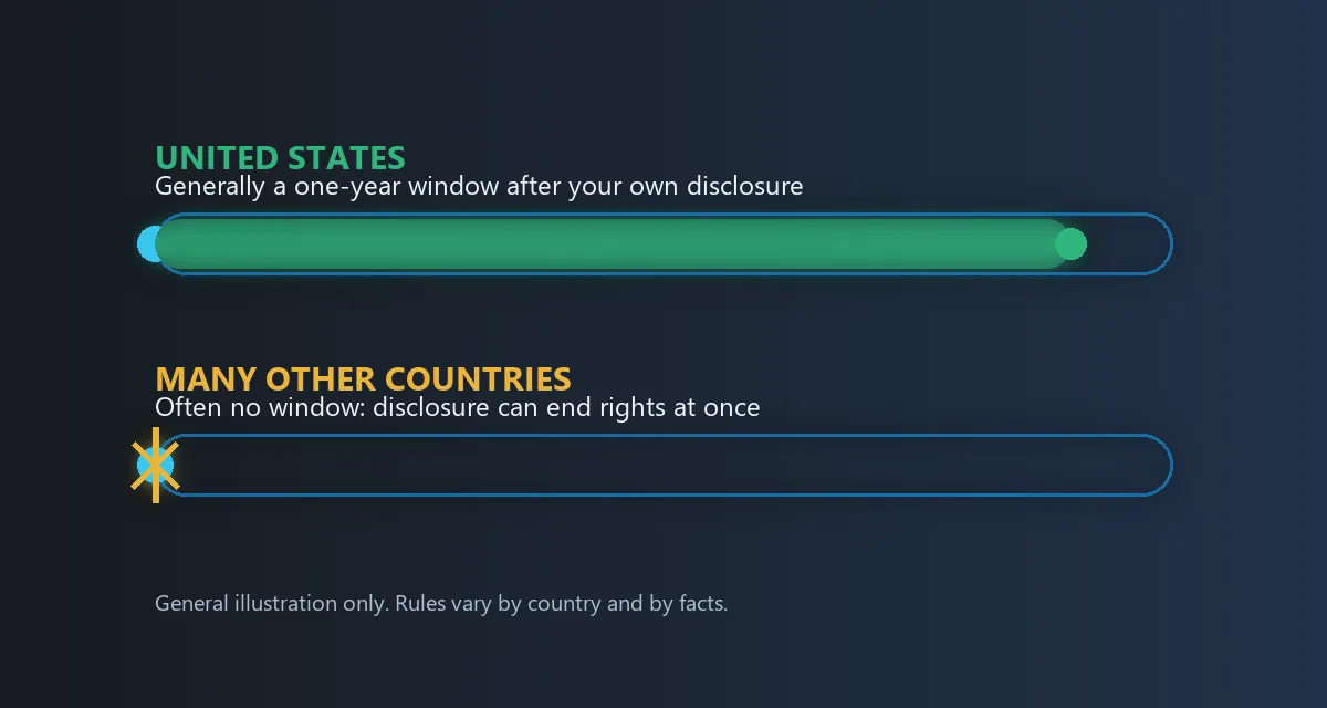 Two timelines comparing a one-year disclosure window in the United States with no window in many other countries
